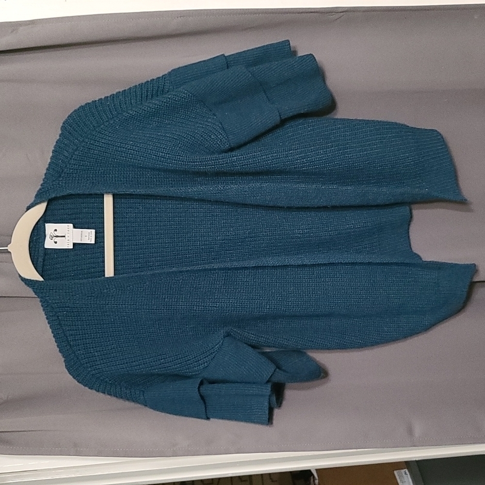 Rain+Rose Womens Cardigan Sweater Dark Teal Layered Ruffled Sleeves Open Front S